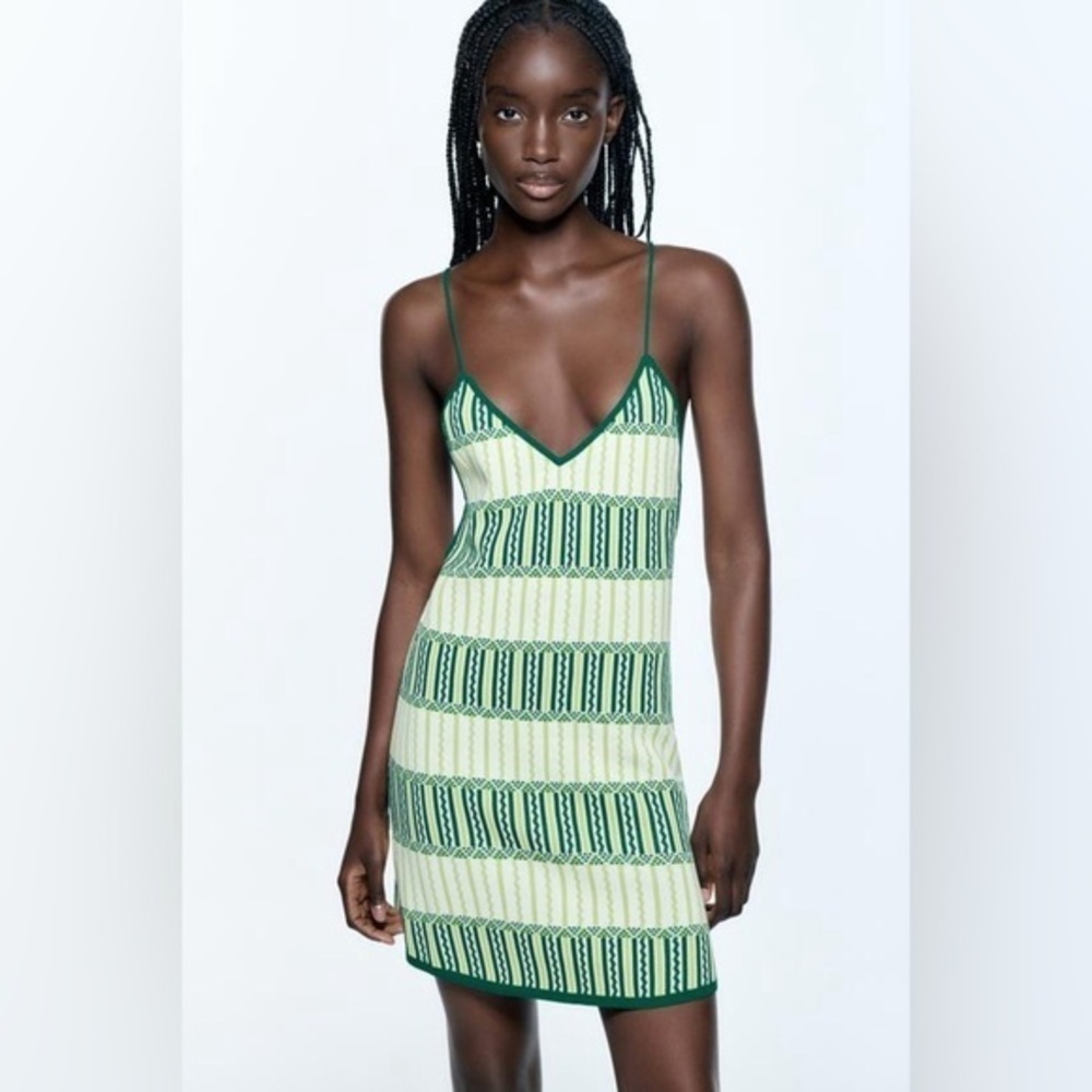 Zara Jacquard Knit Dress Green & White Size S